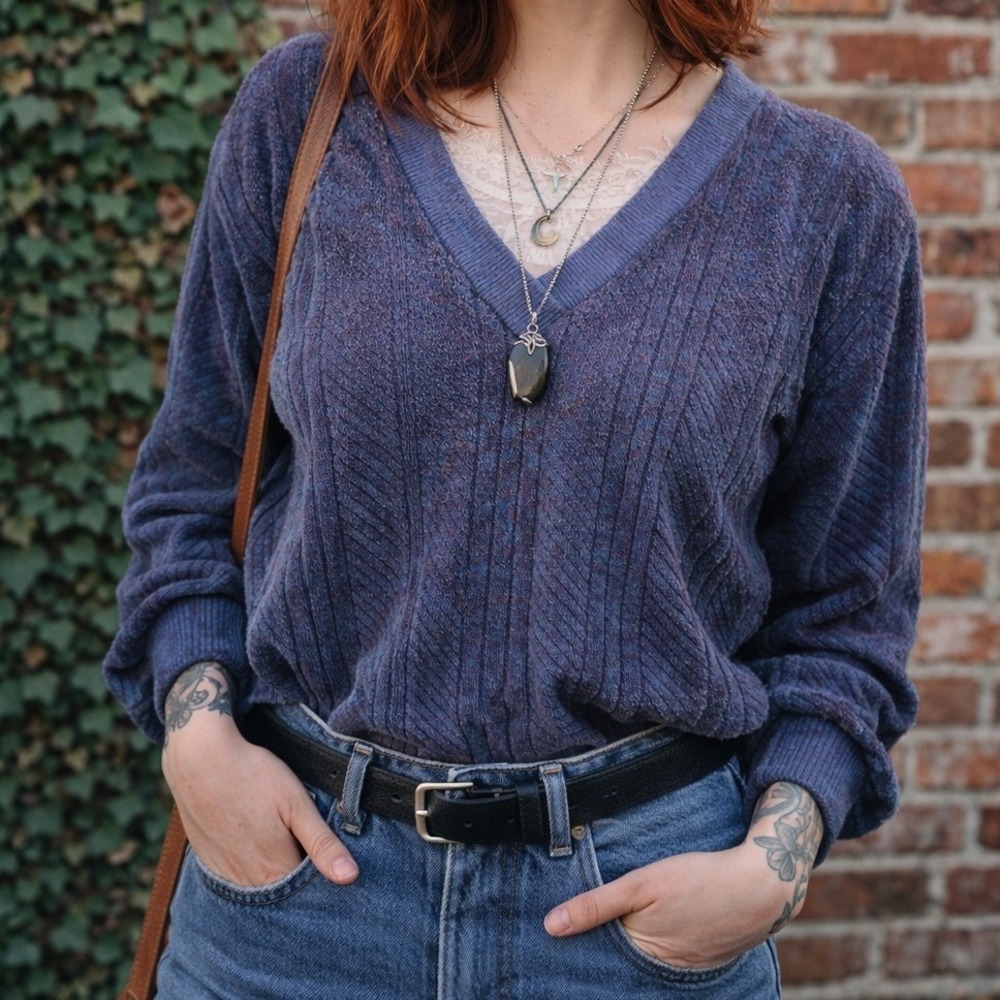 Vintage Blue Purple Space Dye V-Neck Sweater Chevron Knit Long‎ Sleeve X-Small